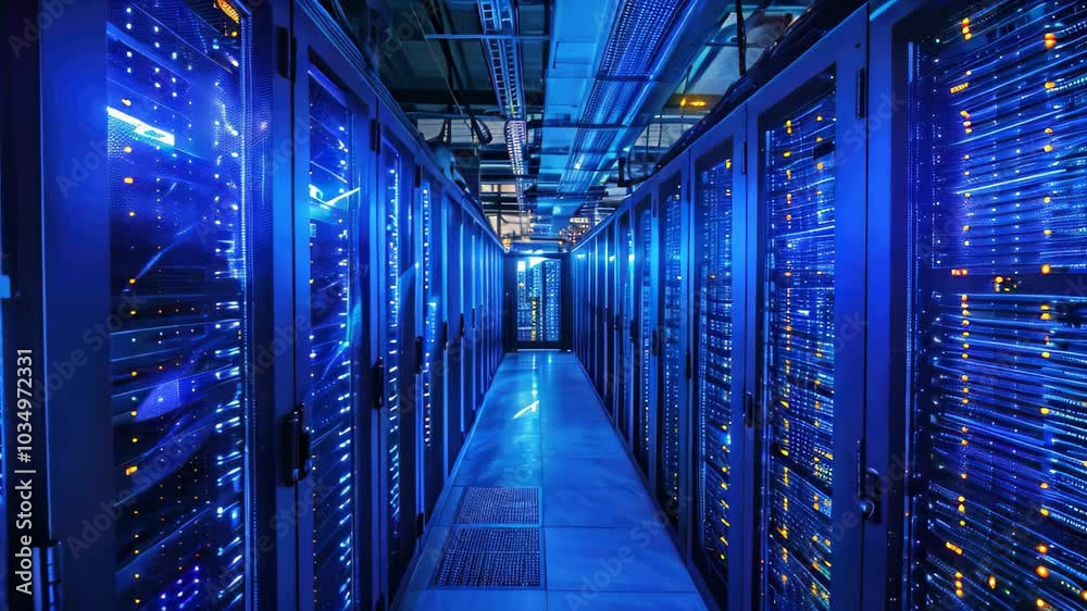 Poster rows of servers neatly organized in a large data center, with blinking lights and cables indicating 