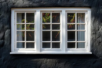 A white framed window with multiple panes set against a dark wall.