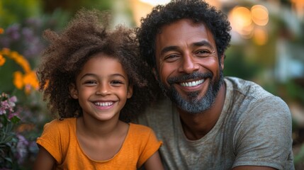 In a lively garden, a father and his daughter share smiles, showcasing their close bond. The warm glow of sunset highlights their joyful expressions amidst blooming flowers.