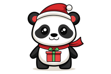 cute A sitting panda in santa hat and scarf holding a big square gift with bow tie white background B.eps