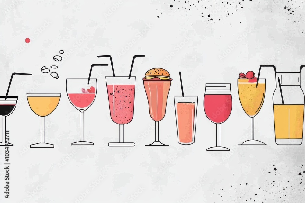Poster a vibrant assortment of drinks alongside tasty burgers is displayed on a simple background, perfect 
