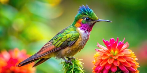 Fototapeta premium Vibrant Southern Small Crested Hummingbird Coquette in a Lush Jungle Setting - Exotic Bird Photography, Nature, Wildlife, Tropical Birds, Colorful Feathers, Jungle Habitat, Birdwatching