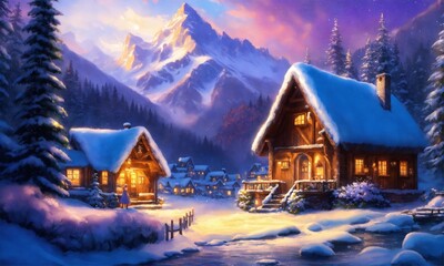 Fototapeta premium Christmas house and landscape, AI generated