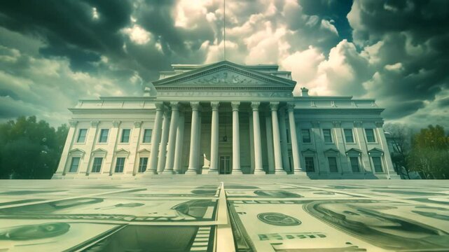 A Majestic Skyscraper With a Pile of Money in Front of It, Metaphoric representation of the US Federal Reserve printing money