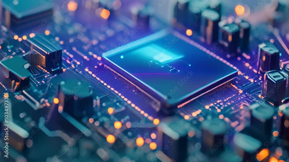 Poster this close-up videograph showcases the intricate details of a computer processor chip, revealing its