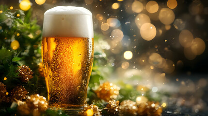 Golden Beer in a Glass with Festive Decoration and Bokeh Lights