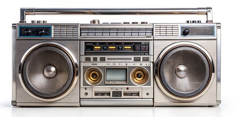Fototapeta premium Vintage Boom Box Stereo Radio and Cassette Recorder Isolated on White Background, Retro Audio Equipment, Nostalgic Sound, Classic Music Player, Unique Collectible Design, Perfect for Decor
