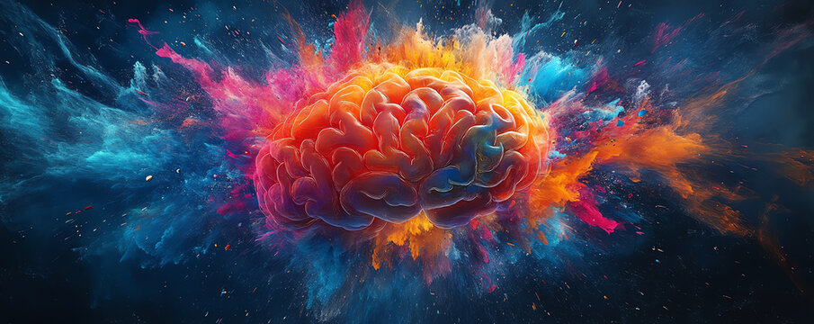Exploding brain in vibrant colors, abstract representation of creativity and innovation, shards breaking apart in a burst of color, ultra-HD, intricate detail.