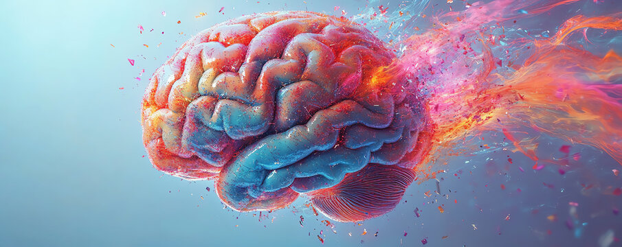 Exploding brain in vibrant colors, abstract representation of creativity and innovation, shards breaking apart in a burst of color, ultra-HD, intricate detail.