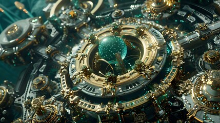 A futuristic, intricate mechanical structure with a central glowing orb and ornate details.