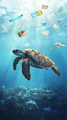 Fototapeta premium An underwater scene with a sea turtle swimming through a cloud of plastic waste