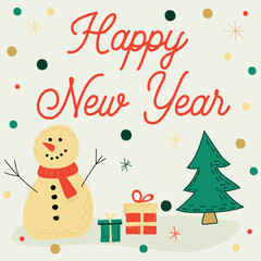 A cheerful New Year greeting card featuring a smiling snowman, a decorated Christmas tree, and gift boxes. The festive scene is surrounded by colorful confetti, spreading joy and holiday spirit
