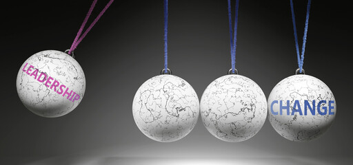 Leadership and Change - cause and effect relationship. A Newton cradle metaphor showing how leadership results in change. It initiates change. ,3d illustration