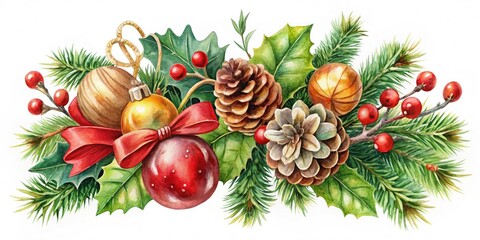 Watercolor Christmas Decorations Illustration - Festive Holiday Ornaments, Pine Cones, and Holly on White Background for Seasonal Decor and Greeting Cards