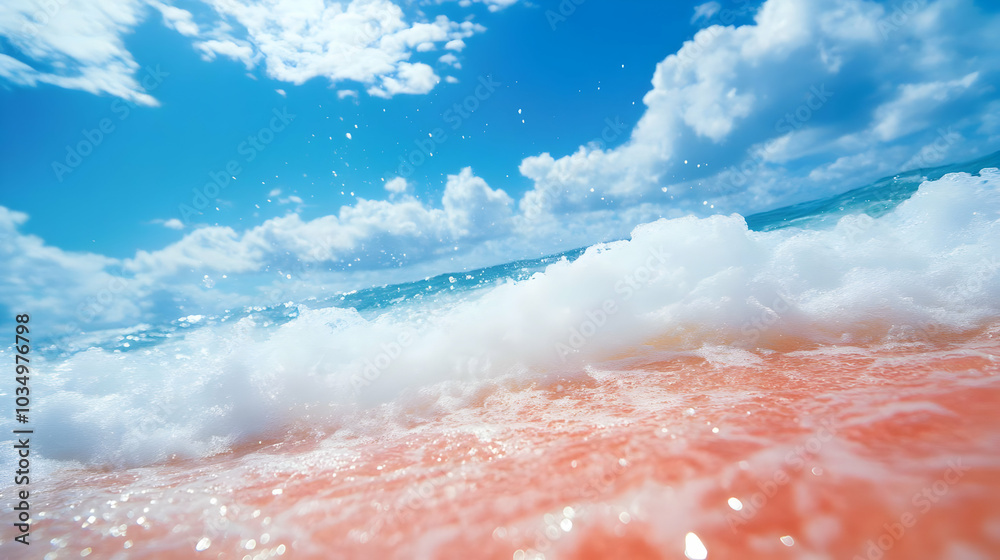 Canvas Prints Ocean Waves Crashing on a Sandy Beach with Blue Sky and White Clouds