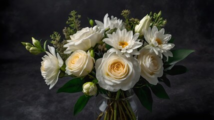 White roses and daisies bouquet in glass vase on dark background