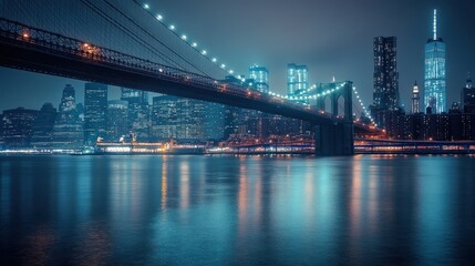 Fototapeta premium Nighttime View of Brooklyn Bridge & NYC Skyline