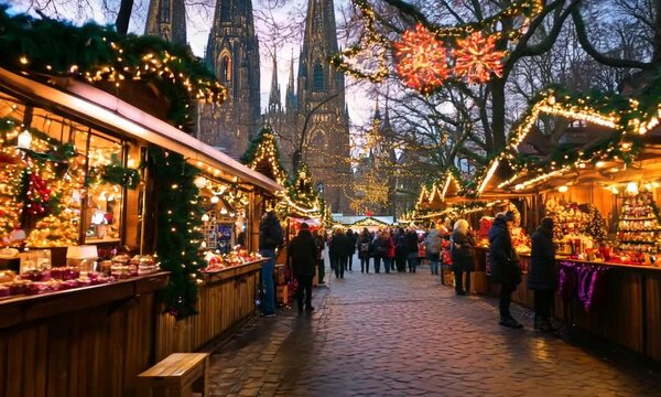 Christmas market near Cathedral Church of Saint Peter, Catholic cathedral in Cologne, Germany