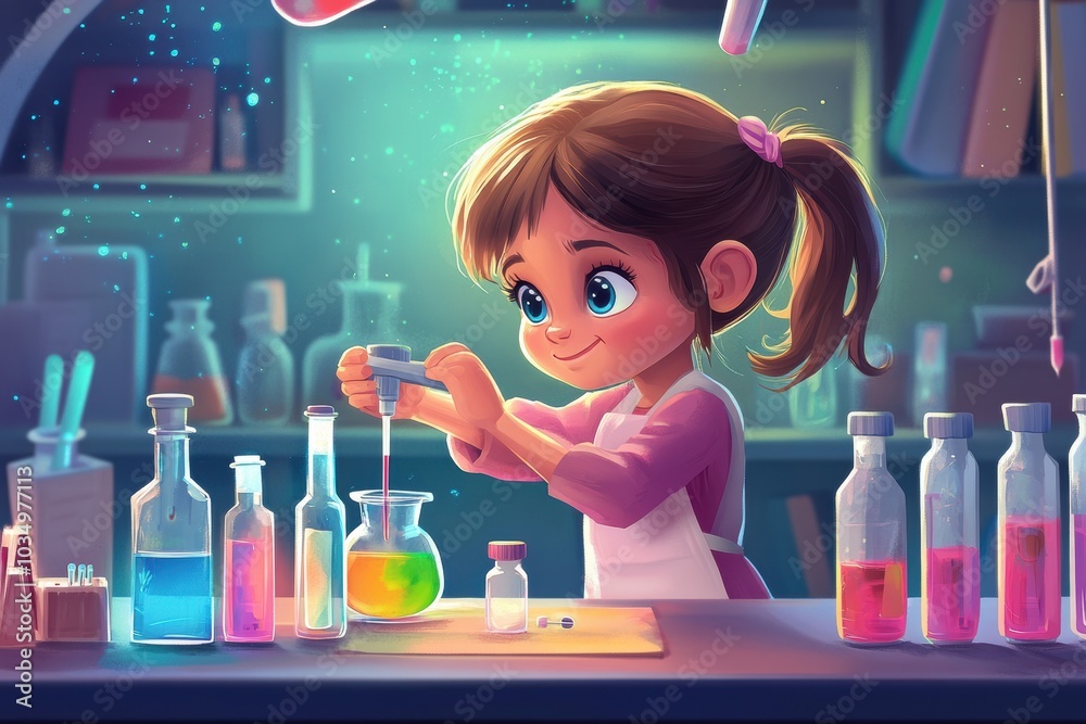 Wall mural beautiful little girl enjoys and is excited to examine color chemicals in the laboratory