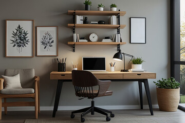 Scandinavian Home Office Design: Modern Aesthetic with Wooden Mock-Up Frame and Sleek Accessories