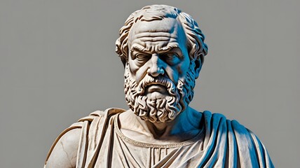 Classic marble bust of wise greek philosopher with intricate beard on minimalist backdrop