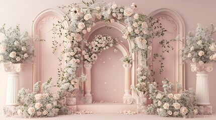 A pale pink backdrop with a floral platform which include a rose arch for displaying items