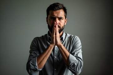 Man in emotional state, hands in prayer pose, 