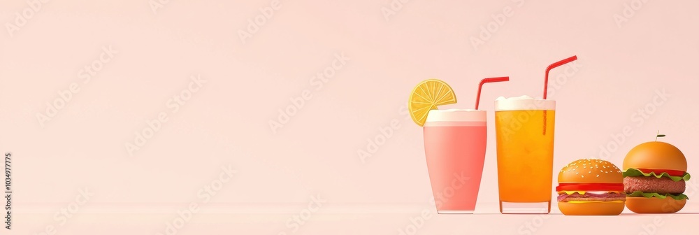 Poster colorful drinks and tasty burgers are arranged neatly on a minimal backdrop, perfect for an inviting
