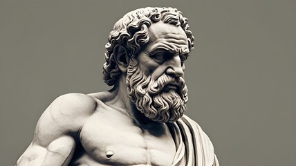 Ancient greek philosopher sculpture with intricate facial features and curly beard on a minimalist backdrop