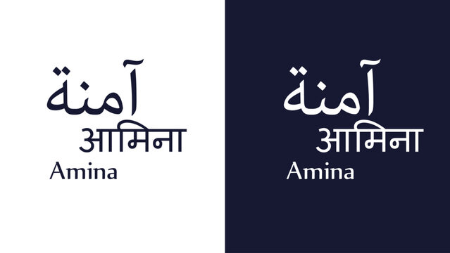 Vector art Arabic name design of Amina in English, Hindi and Arabic.
