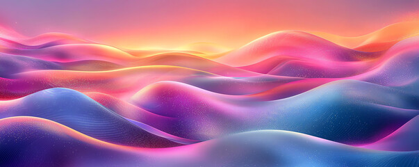 Obraz premium Vibrant holographic waves of color flowing in a surreal landscape, sparkling with luminescent hues of pink, blue, and gold, with soft glowing accents.