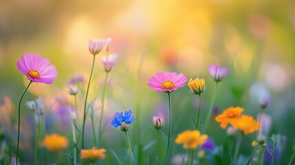 Fototapeta premium Vibrant Flower Field at Sunset Light