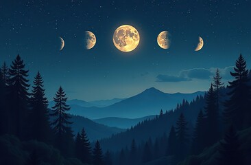 Phases of the Moon: waxing crescent, first quarter, waxing gibbous, full moon, waning gibbous, third guarter, waning crescent. Forest landscape with stars 