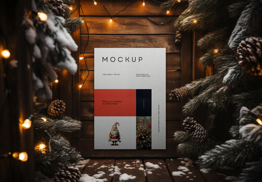 Winter Poster Mockup with Christmas Lights and Pine Background &ndash; Realistic Holiday Template for Seasonal Promotions, Greeting Cards, or Event Advertising