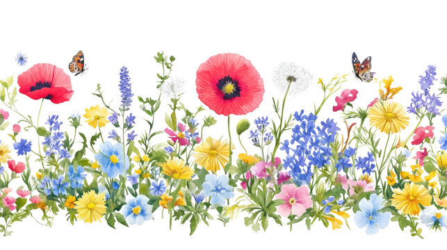 Fototapeta Watercolor Floral Seamless Borders Featuring Summer Wildflowers Generative AI