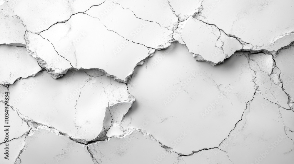 Poster a white wall displays extensive cracks and fissures, emphasizing the texture and wear of the surface