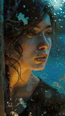Woman Gazing Through Rain-Streaked Window