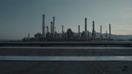 Modern industrial refinery with steel pipelines and towering chimneys at dusk