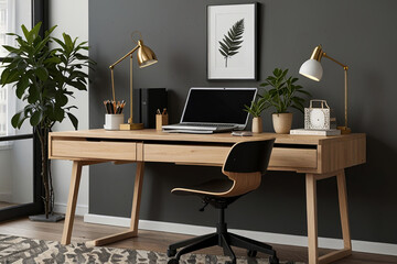 Scandinavian Home Office Design: Modern Aesthetic with Wooden Mock-Up Frame and Sleek Accessories