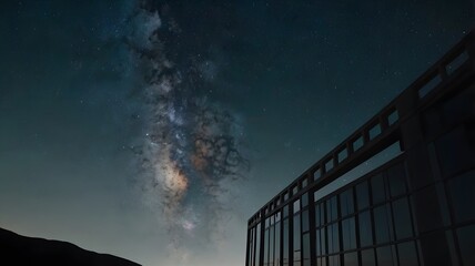 Night sky with milky way galaxy over modern glass building architecture
