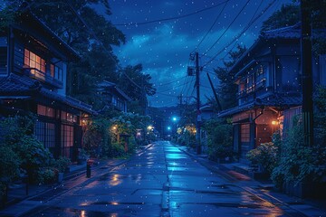 Rainy night in a Japanese town with traditional houses and streetlights.