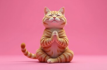 A relaxing meditating cat on a pink background