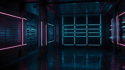 Cyberpunk neon hallway with futuristic light grid