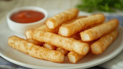 Delicious fried cassava with chili sauce ready to be served on a plate