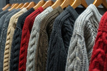 Obraz premium A close-up of a row of colorful sweaters hanging on wooden hangers.