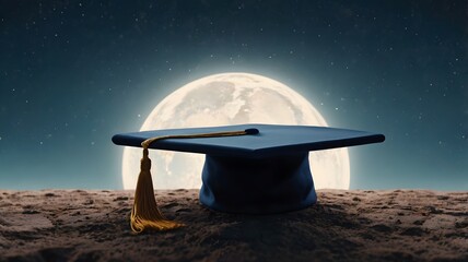 Graduation cap on moonlit landscape symbolizing education journey