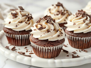 Sweet chocolate cupcakes covered with whipped cream frosting served on a round white plate
