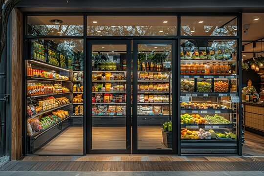 A well-stocked convenience store with a variety of snacks and produce.