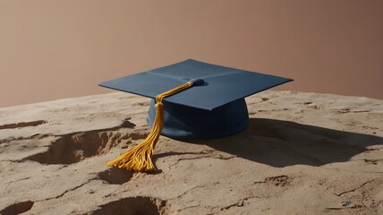 Minimalist graduation hat on sand backdrop representing education and life journey