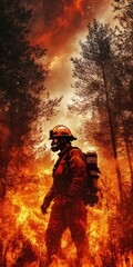 Naklejka premium Firefighter Battling Intense Forest Blaze in Protective Gear